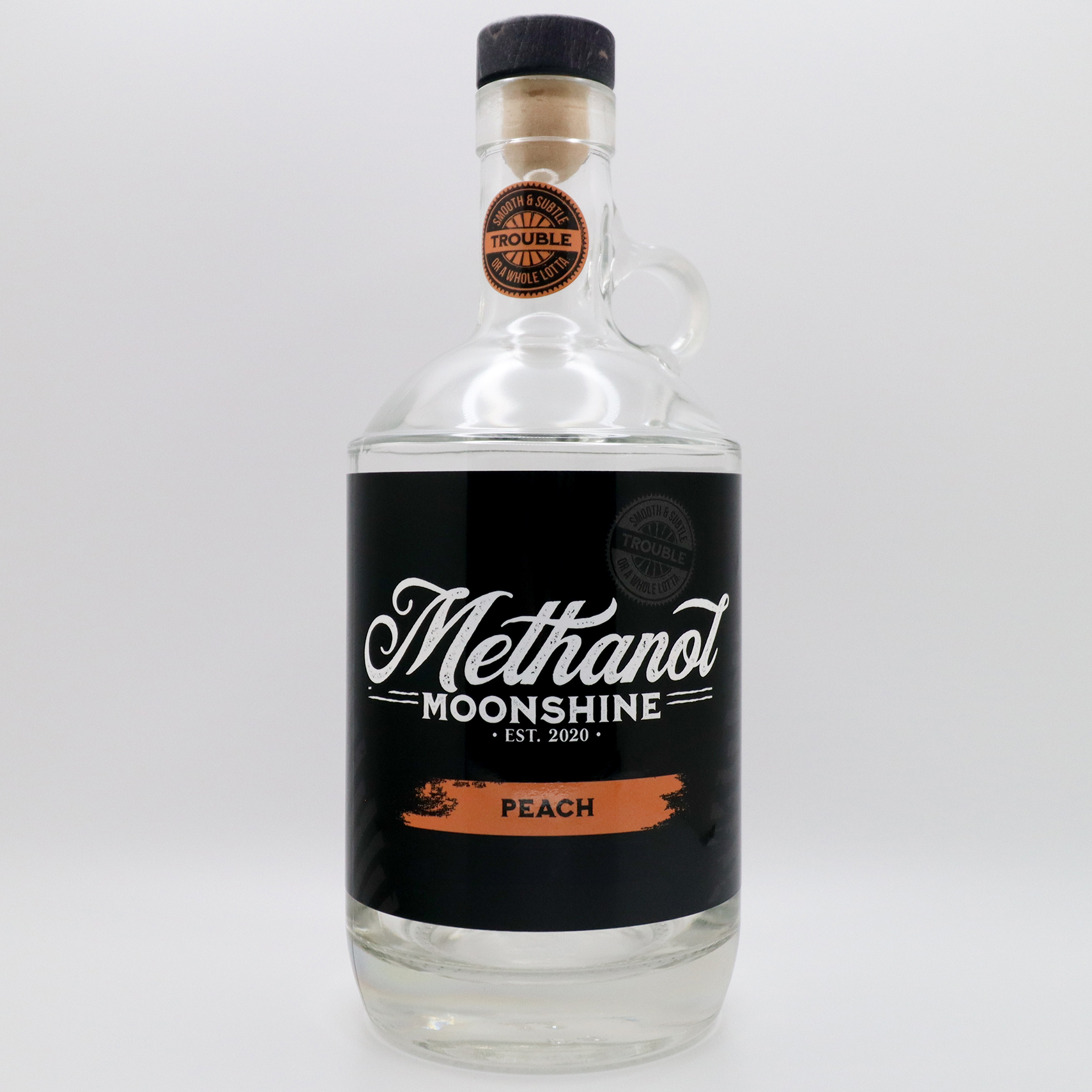 Methanol Moonshine Peach Corn Whiskey bottle